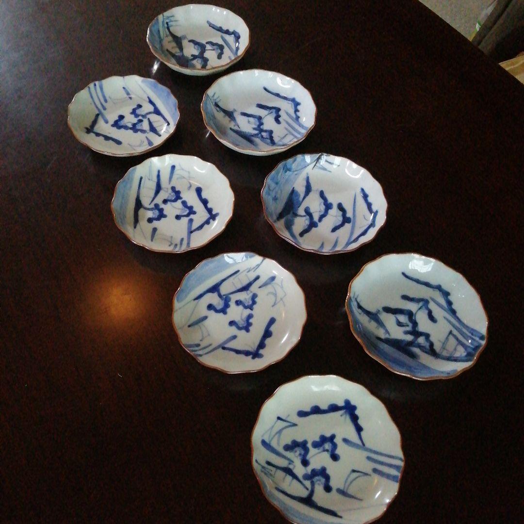 古伊万里　染付皿　2種　8枚　13cm　13.6cm　江戸後期〜明治初期