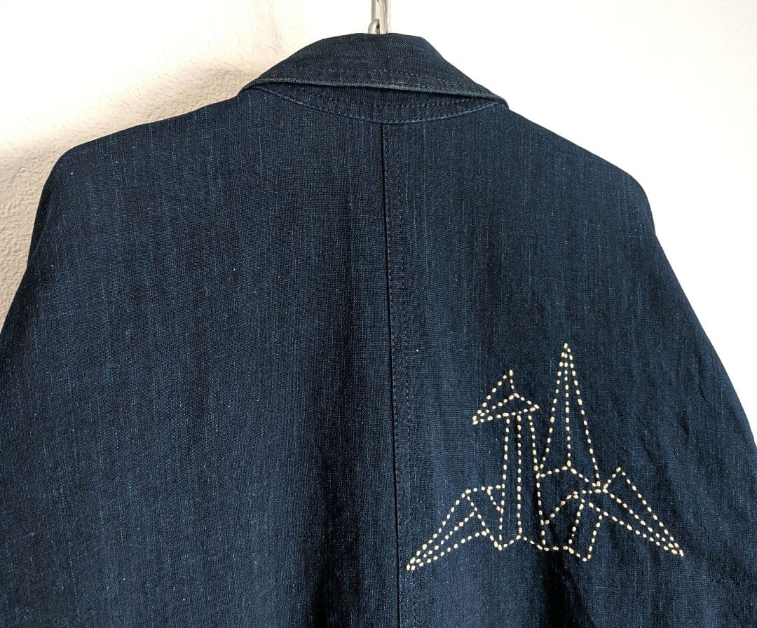 藍染め　折鶴の刺し子　シャツジャケット　コート　ワンピース　ロング丈　ビンテージ